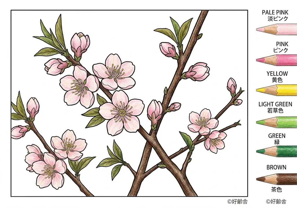 桃の花の塗り絵 完成見本（彩色の見本）