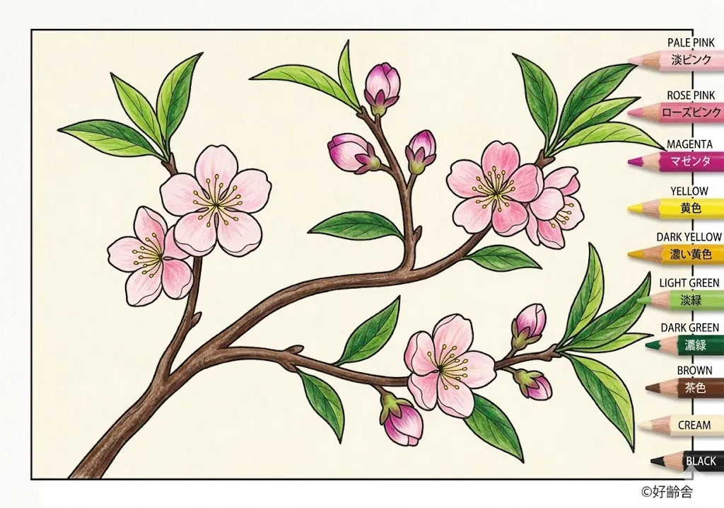 桃の花の塗り絵 完成見本（彩色的見本）