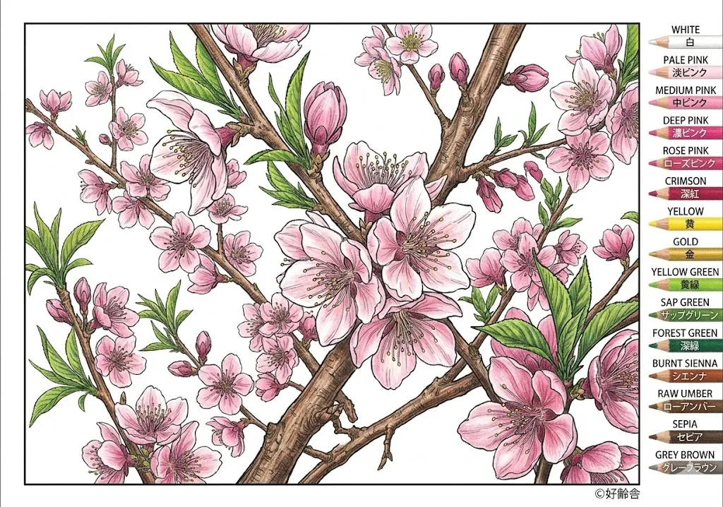 桃の花の塗り絵 完成見本（彩的な見本）