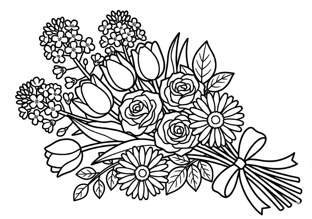 高齢者向け無料塗り絵：春の野原を黄色く染める明るく元気な菜の花（初級・A4印刷用）