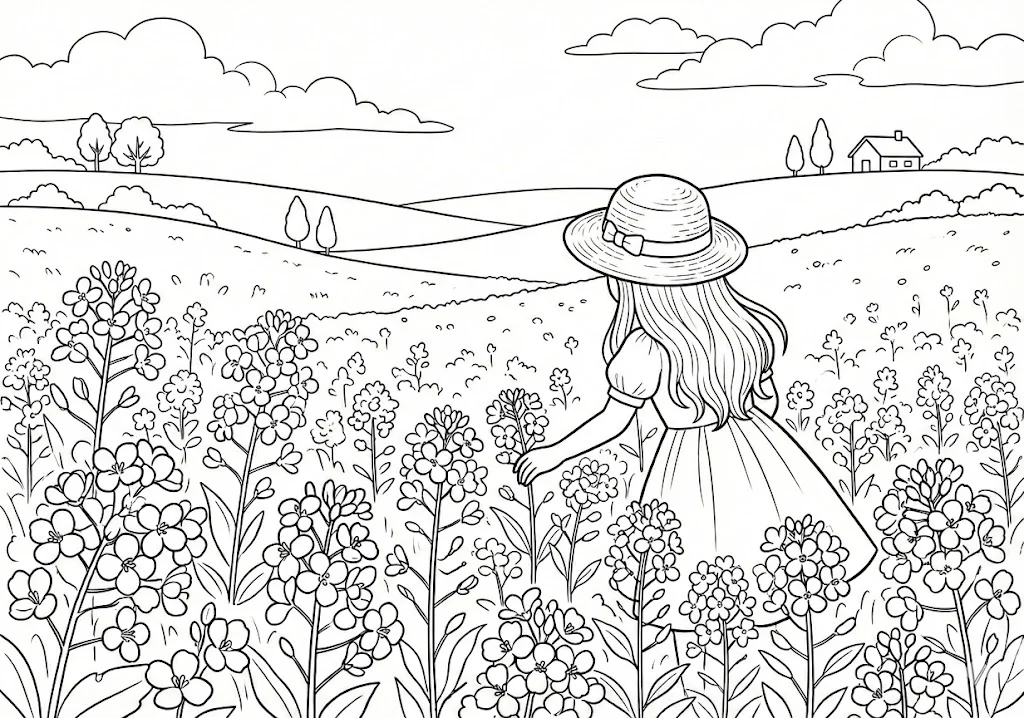 高齢者向け無料塗り絵：春の野原を黄色く染める明るく元気な菜の花（中級・A4印刷用）