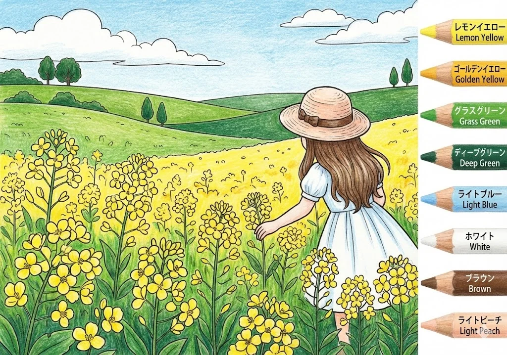 菜の花の塗り絵 完成見本（彩的な見本）
