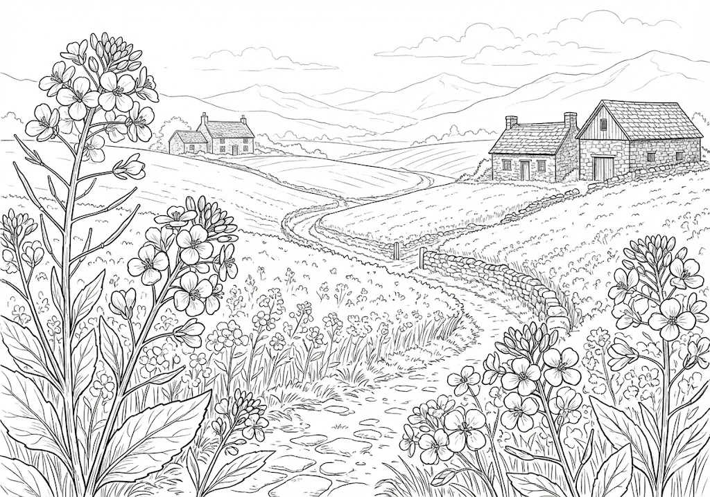 高齢者向け無料塗り絵：春の野原を黄色く染める明るく元気な菜の花（上級・A4印刷用）