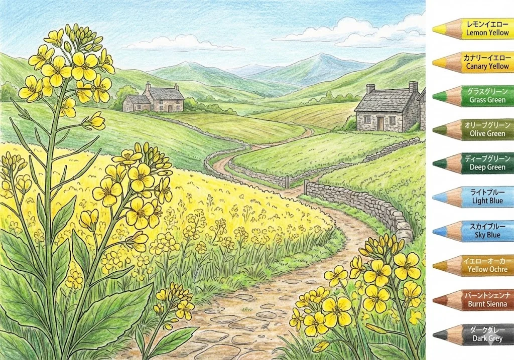 菜の花の塗り絵 完成見本（彩的な見本）