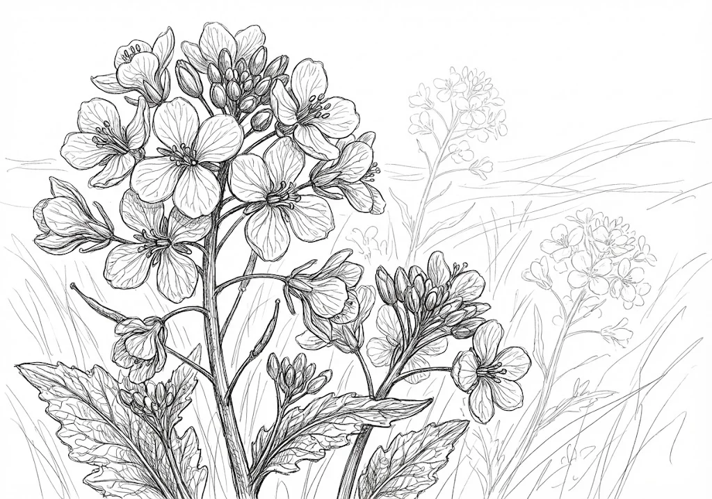 高齢者向け無料塗り絵：春の野原を黄色く染める明るく元気な菜の花（芸術家・A4印刷用）