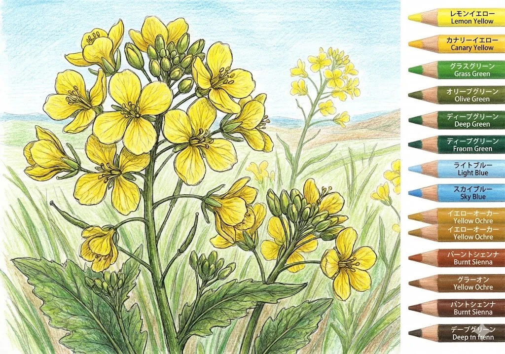 菜の花の塗り絵 完成見本（彩的な見本）