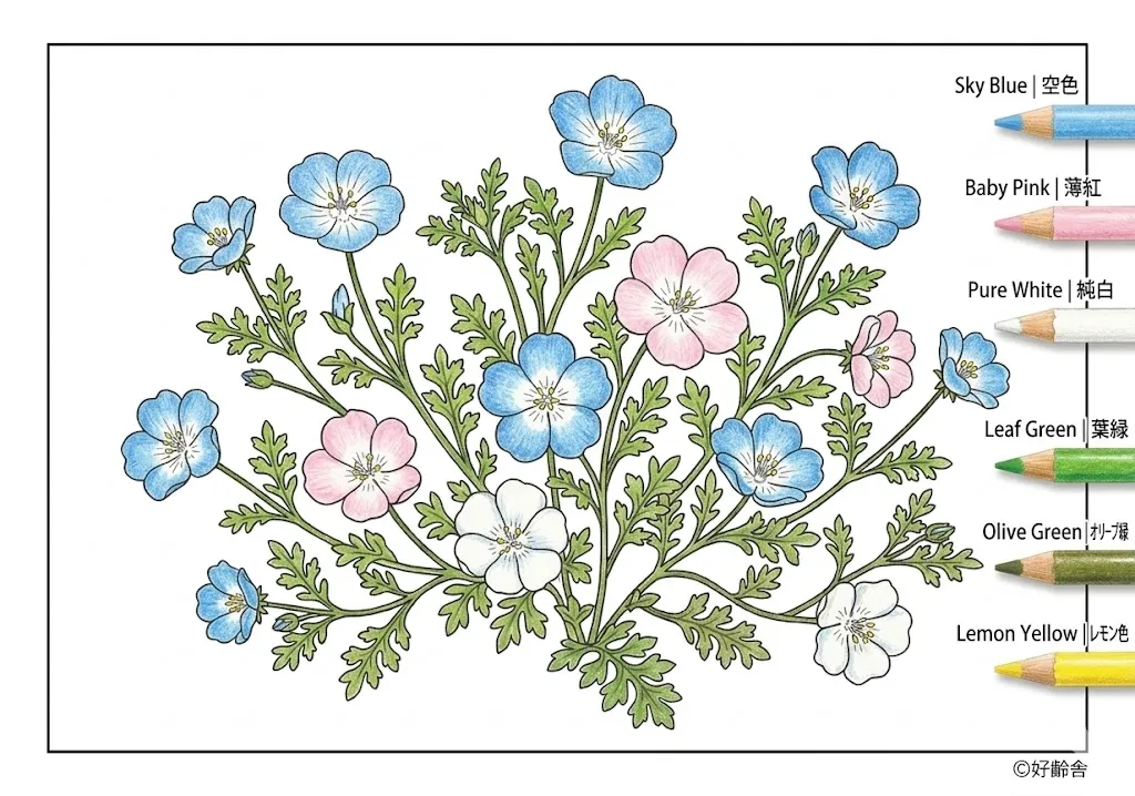 ネモフィラの塗り絵 完成見本（彩的な見本）