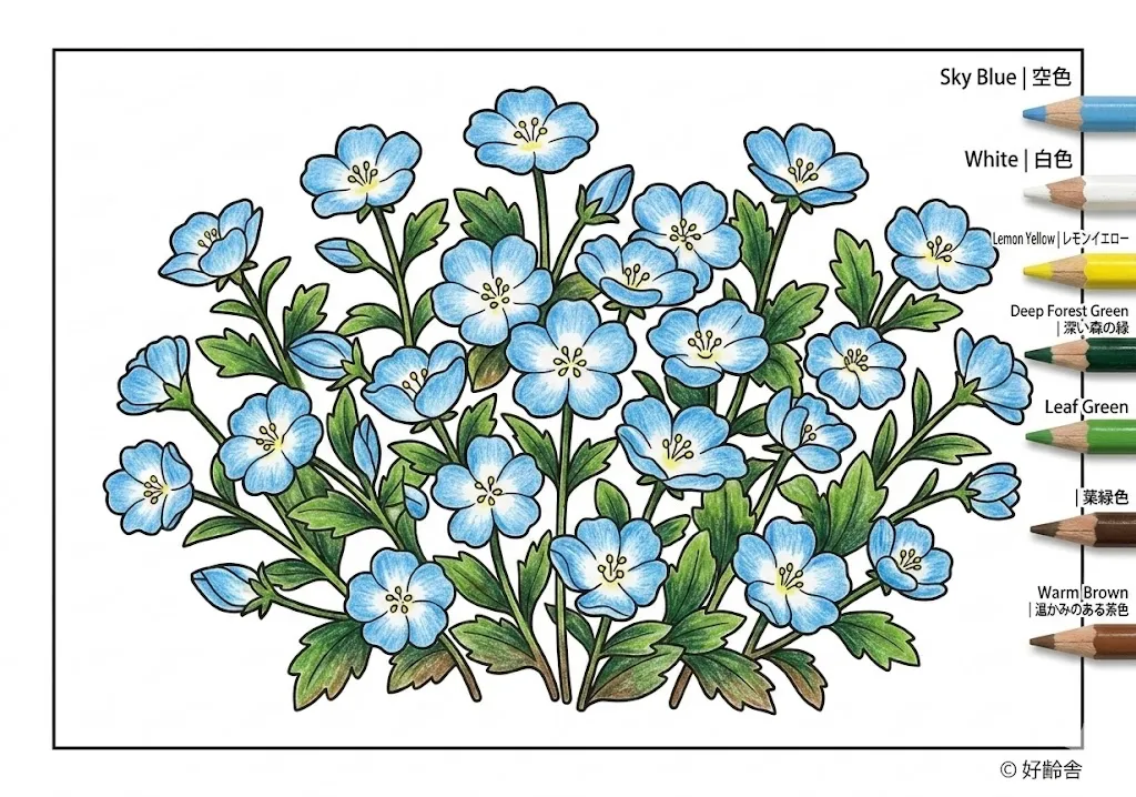 ネモフィラの塗り絵 完成見本（彩的な見本）