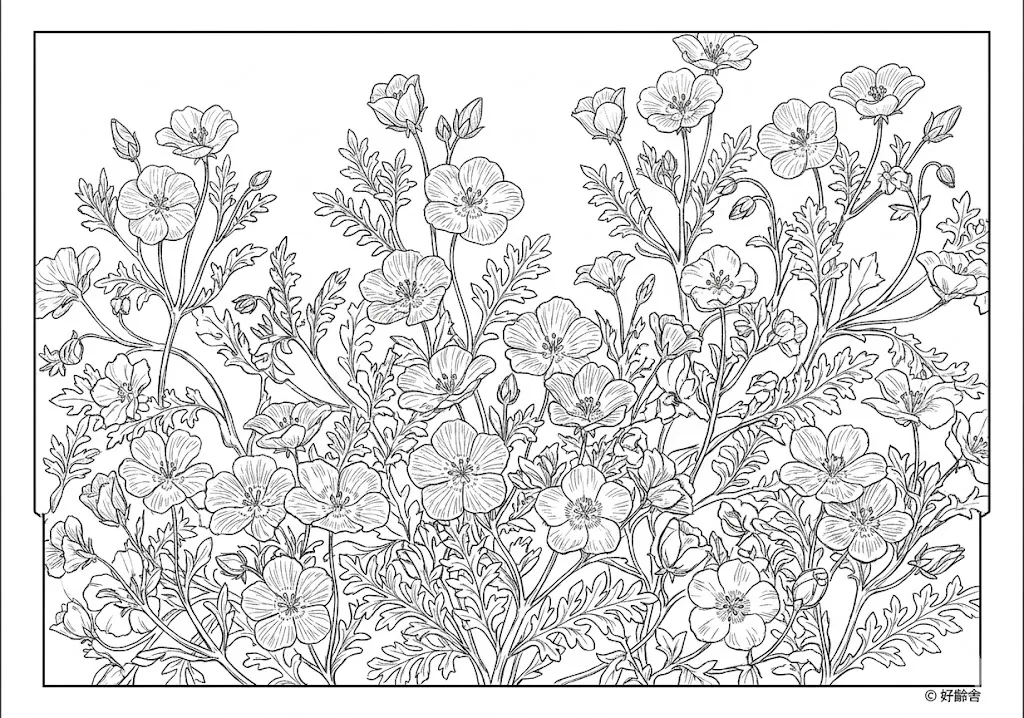 高齢者向け無料塗り絵：空のような青色が美しい可憐なネモフィラ（芸術家・A4印刷用）