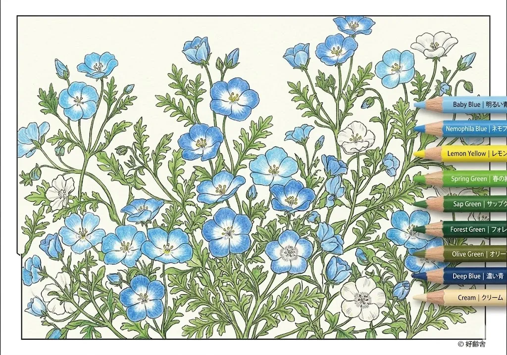 ネモフィラの塗り絵 完成見本（彩的な見本）