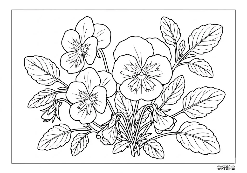 高齢者向け無料塗り絵：色とりどりのパンジー（上級・A4印刷用）