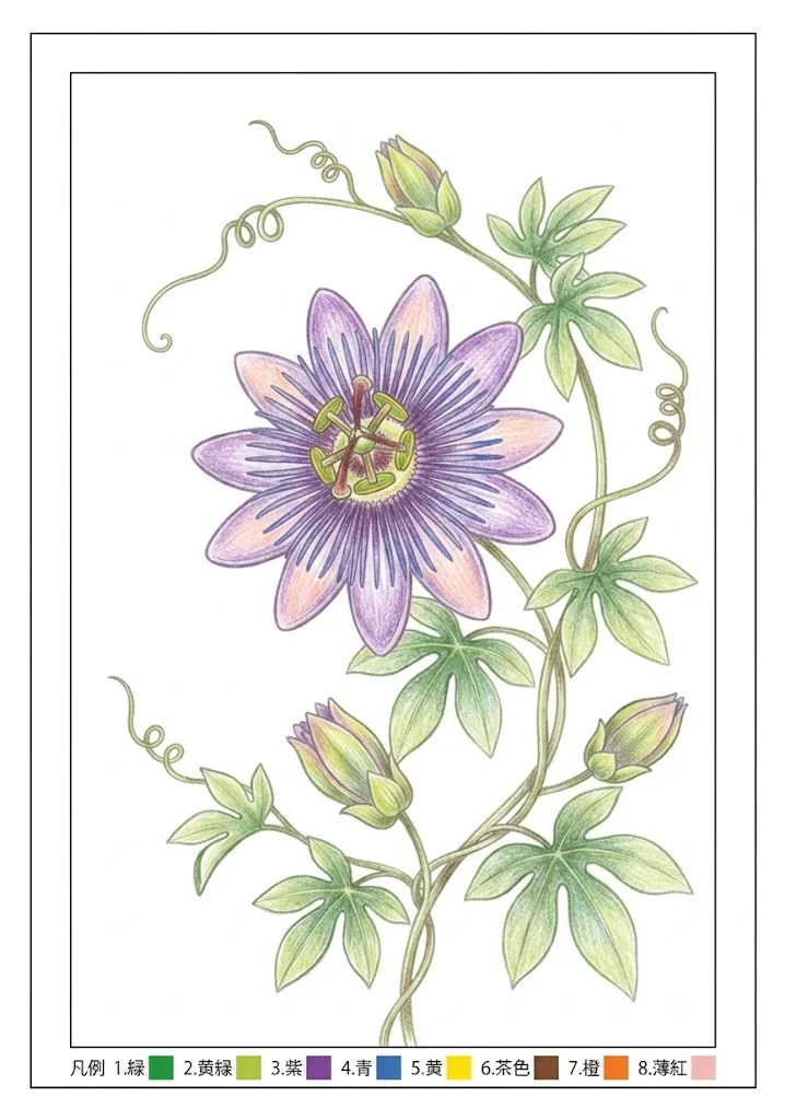 トケイソウの塗り絵 完成見本（カラーサンプル・高齢者レク用）