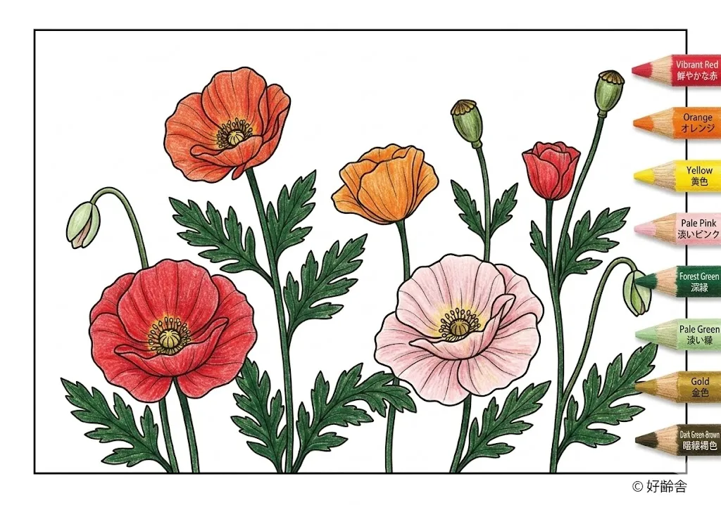 ポピーの塗り絵 完成見本（彩的な見本）