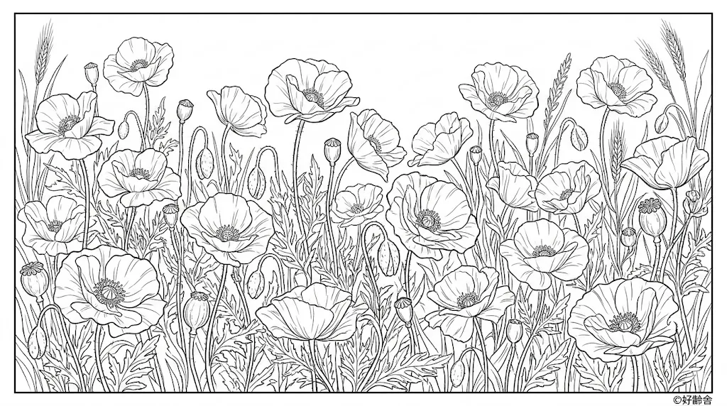 高齢者向け無料塗り絵：ひなげしとも呼ばれる明るく可愛らしいポピー（芸術家・A4印刷用）