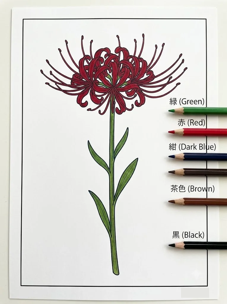 ヒガンバナの塗り絵 完成見本（カラーサンプル・高齢者レク用）