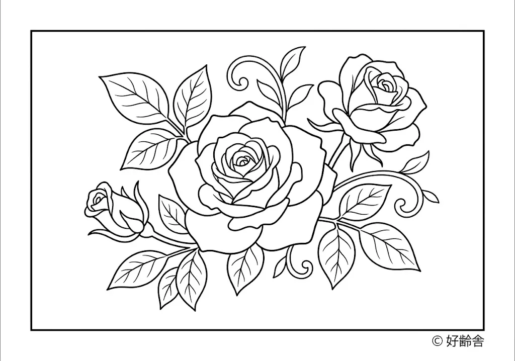 高齢者向け無料塗り絵：華やかで気品あふれる美しいバラ（中級・A4印刷用）