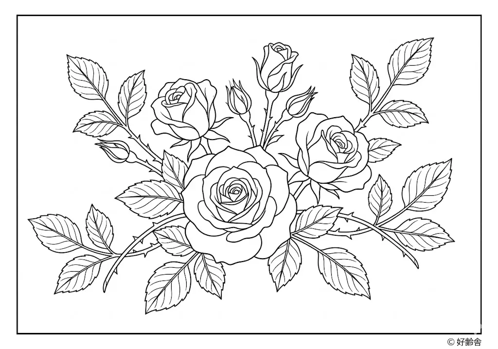 高齢者向け無料塗り絵：華やかで気品あふれる美しいバラ（上級・A4印刷用）