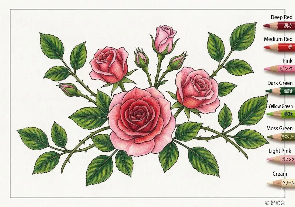 バラの塗り絵 完成見本（彩的な見本）