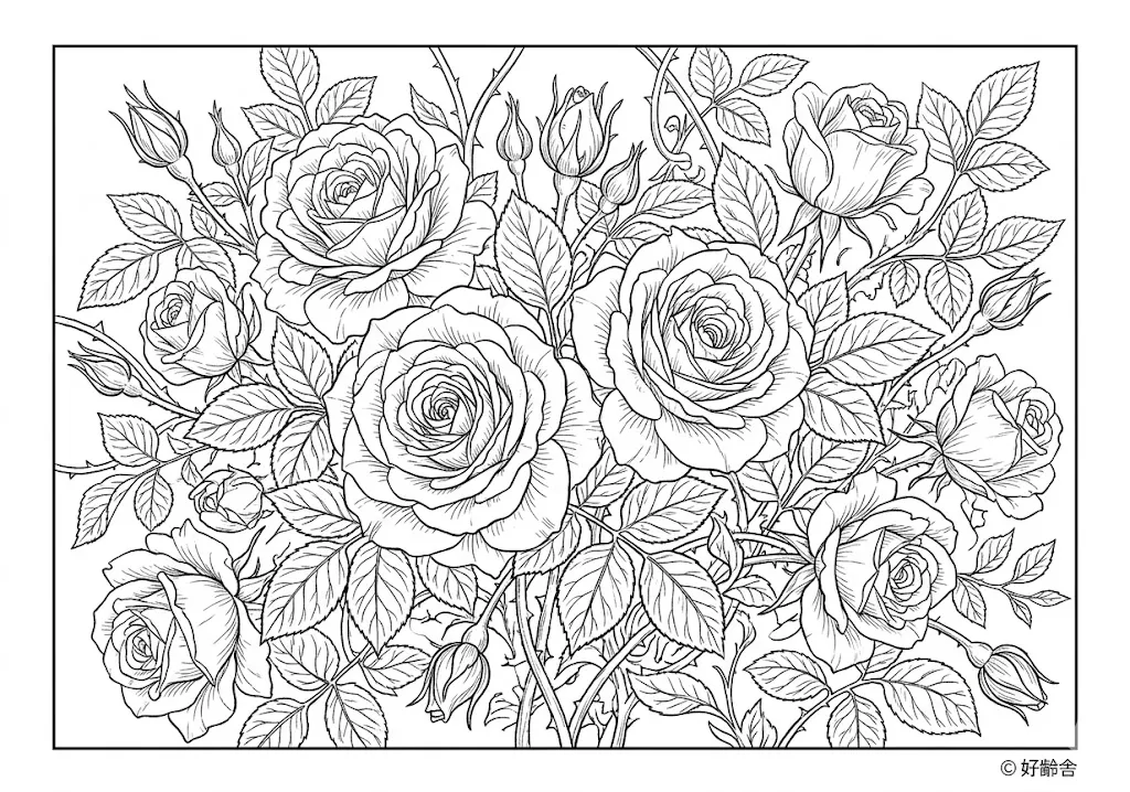 高齢者向け無料塗り絵：華やかで気品あふれる美しいバラ（芸術家・A4印刷用）