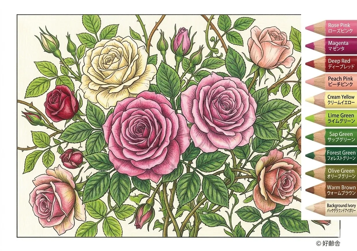 バラの塗り絵 完成見本（彩的な見本）