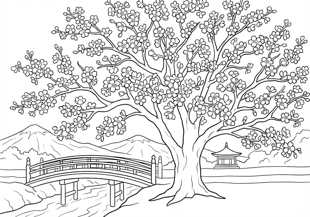高齢者向け無料塗り絵：日本の春の象徴・満開に咲き誇る美しいさくら（中級・A4印刷用）