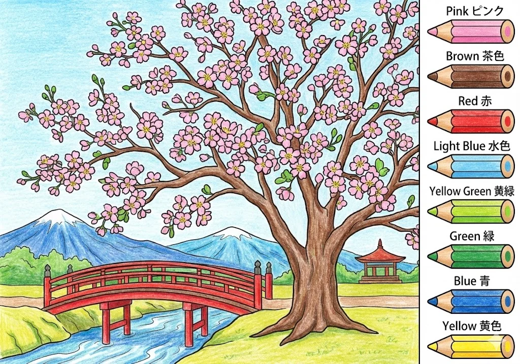 さくらの塗り絵 完成見本（彩的な見本）
