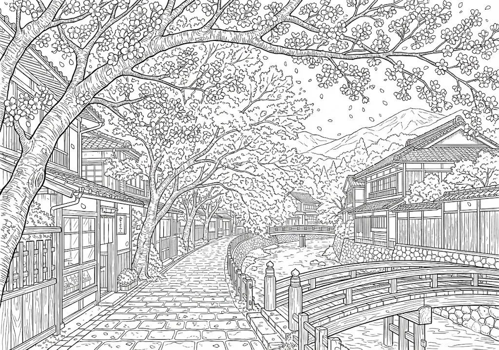 高齢者向け無料塗り絵：日本の春の象徴・満開に咲き誇る美しいさくら（上級・A4印刷用）