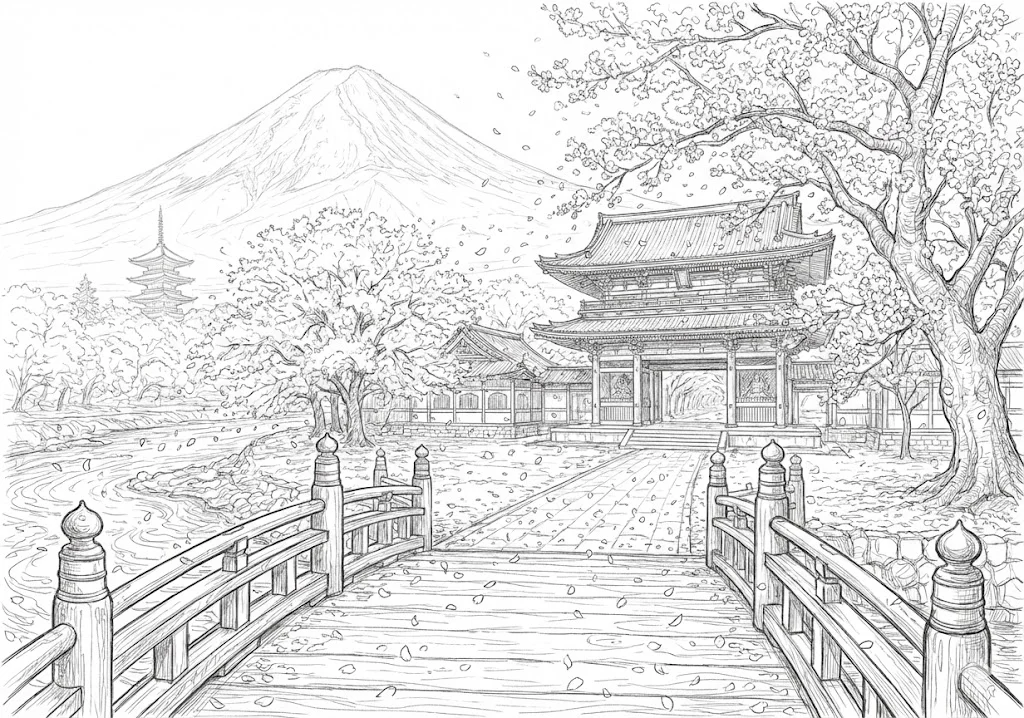 高齢者向け無料塗り絵：日本の春の象徴・満開に咲き誇る美しいさくら（芸術家・A4印刷用）