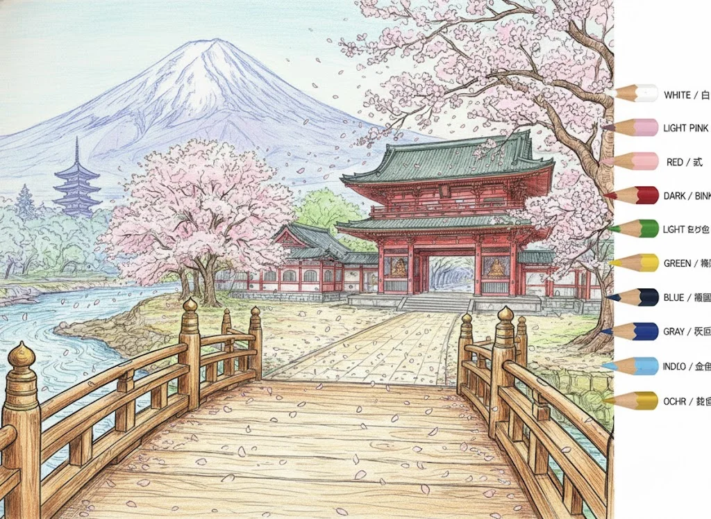 さくらの塗り絵 完成見本（彩的な見本）