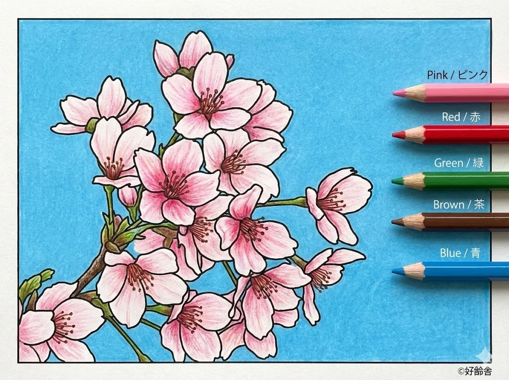 桜の花の塗り絵 完成見本（彩的な見本）