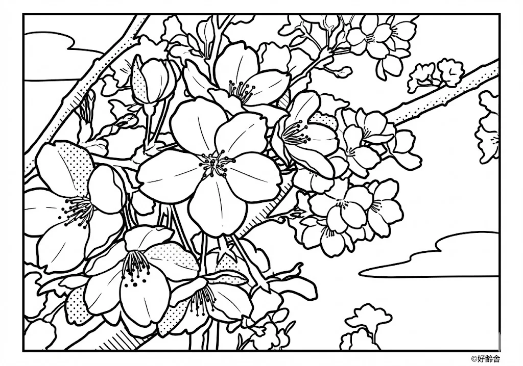 高齢者向け無料塗り絵：春風に舞う花びらが美しい桜の花（中級・A4印刷用）