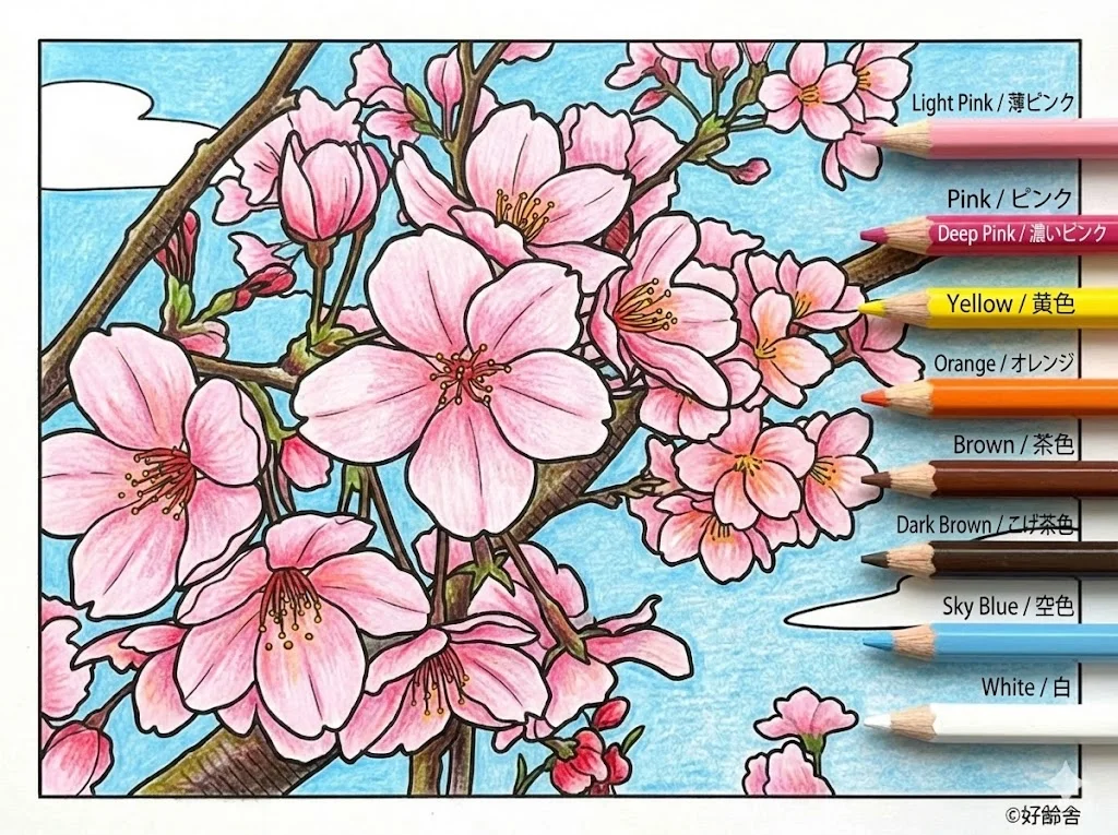 桜の花の塗り絵 完成見本（彩的な見本）