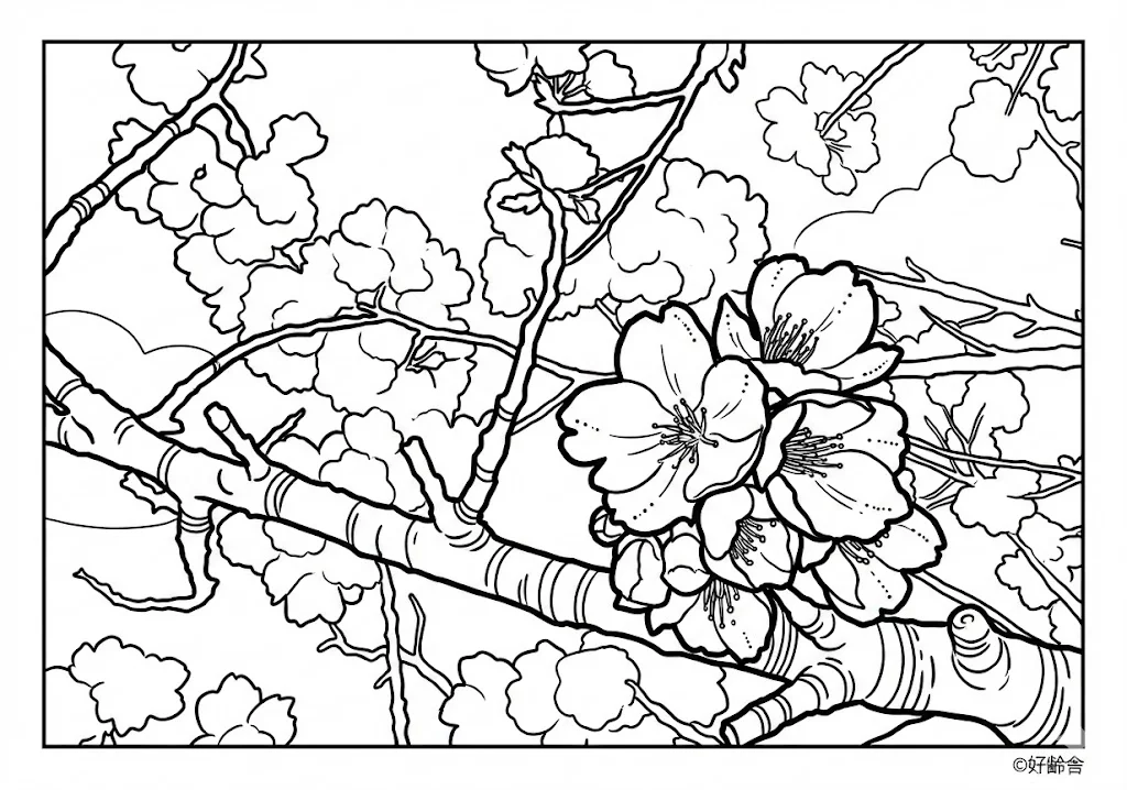 高齢者向け無料塗り絵：春風に舞う花びらが美しい桜の花（上級・A4印刷用）
