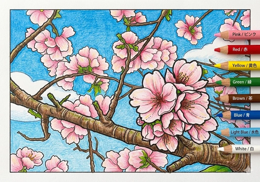 桜の花の塗り絵 完成見本（彩的な見本）