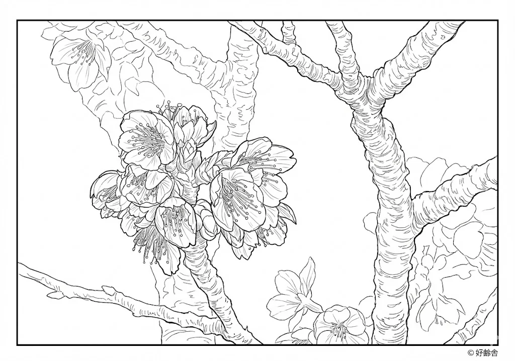 高齢者向け無料塗り絵：春風に舞う花びらが美しい桜の花（芸術家・A4印刷用）