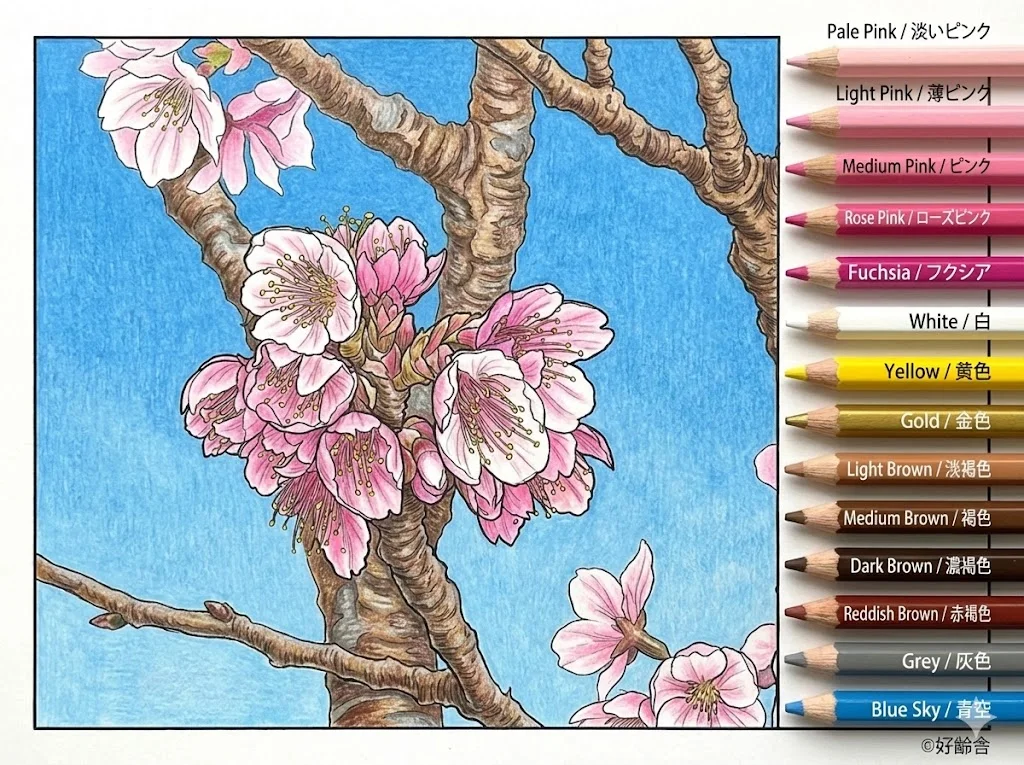 桜の花の塗り絵 完成見本（彩的な見本）