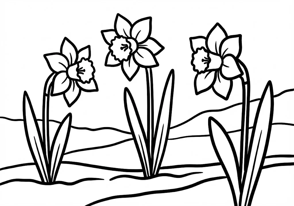 高齢者向け無料塗り絵：冬の寒さの中で凛と咲く可憐な水仙（初級・A4印刷用）