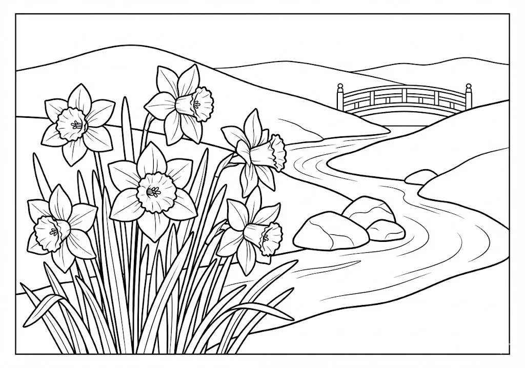 高齢者向け無料塗り絵：冬の寒さの中で凛と咲く可憐な水仙（中級・A4印刷用）