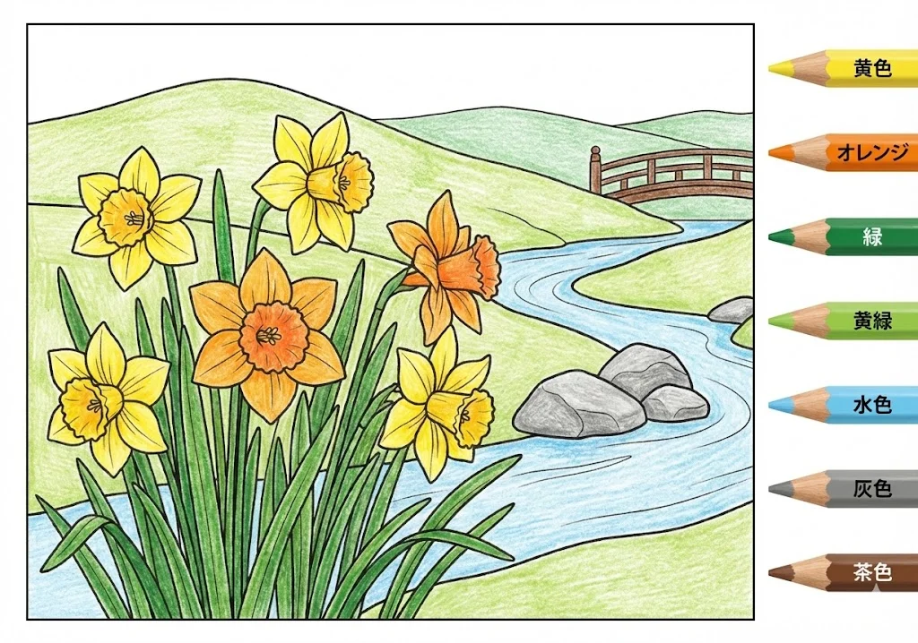 水仙の塗り絵 完成見本（彩的な見本）