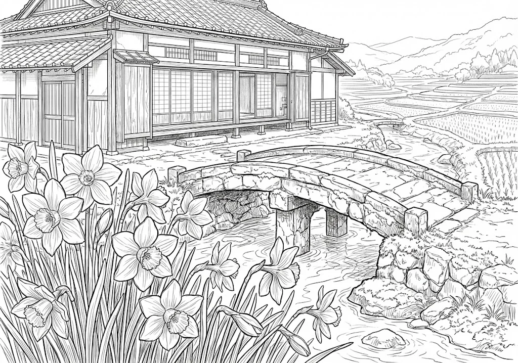 高齢者向け無料塗り絵：冬の寒さの中で凛と咲く可憐な水仙（上級・A4印刷用）