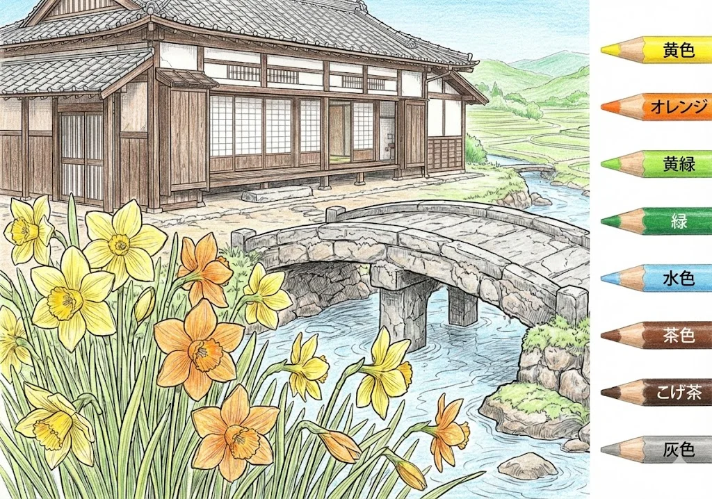 水仙の塗り絵 完成見本（彩的な見本）