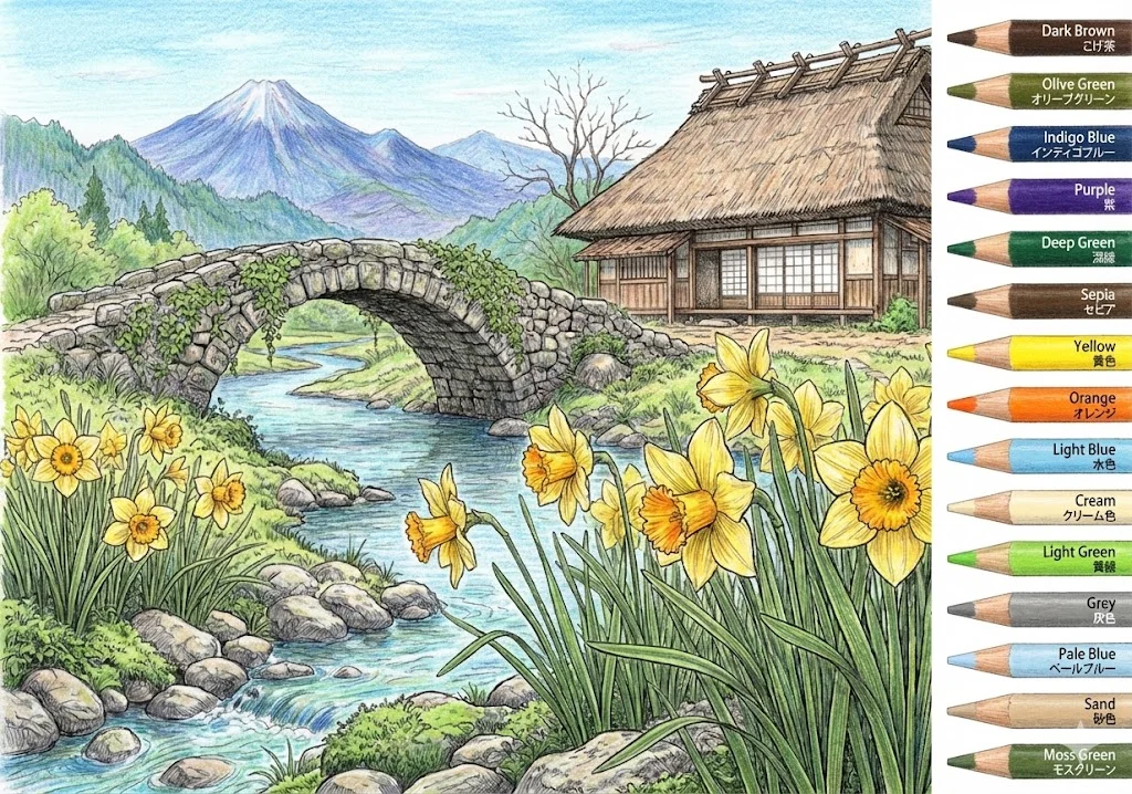 水仙の塗り絵 完成見本（彩的な見本）