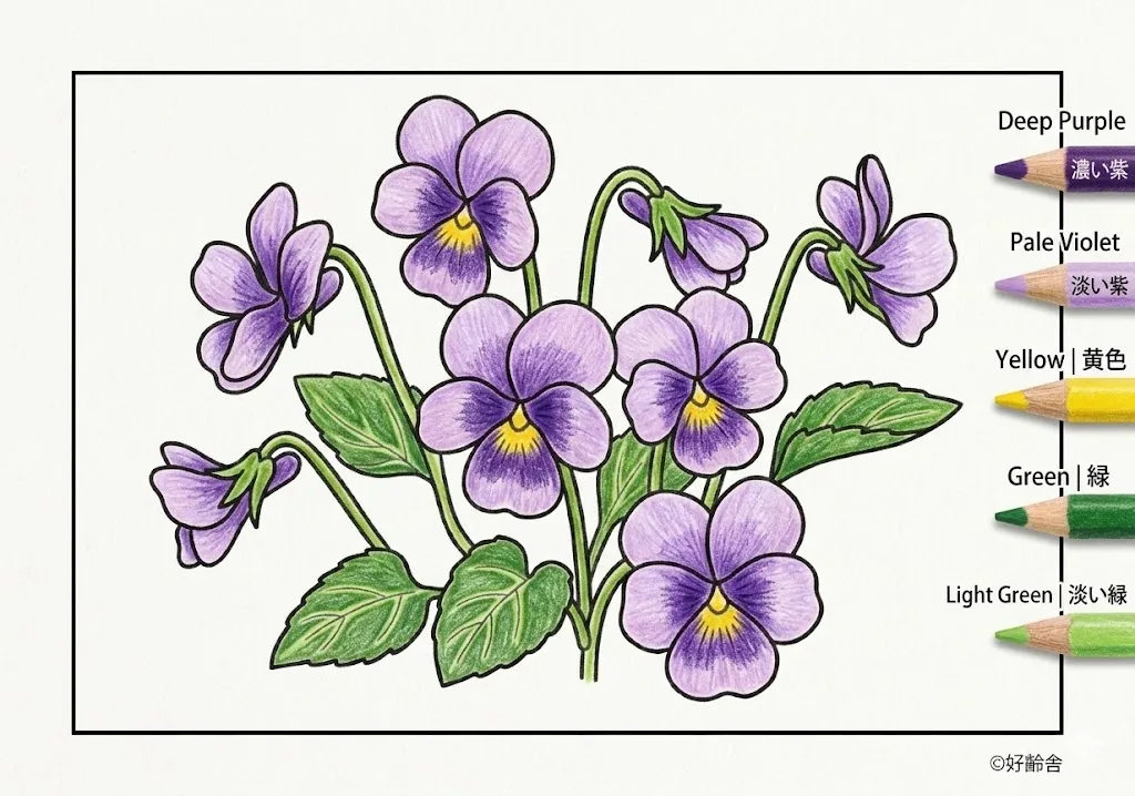 スミレの塗り絵 完成見本（彩的な見本）