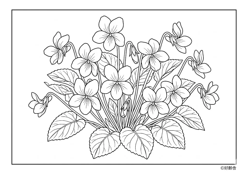 高齢者向け無料塗り絵：野に咲く小さなスミレのひっそりとした美しさ（中級・A4印刷用）
