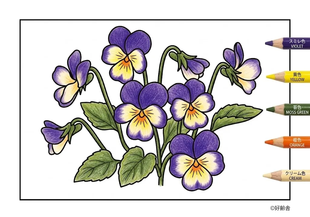 スミレの塗り絵 完成見本（彩的な見本）