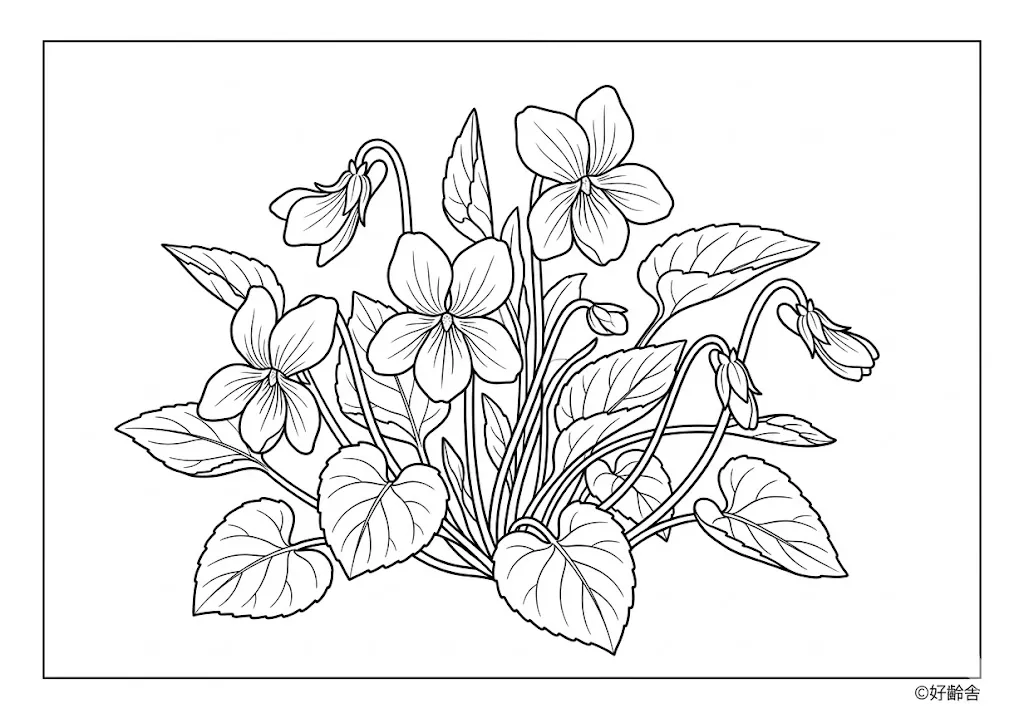 高齢者向け無料塗り絵：野に咲く小さなスミレのひっそりとした美しさ（上級・A4印刷用）