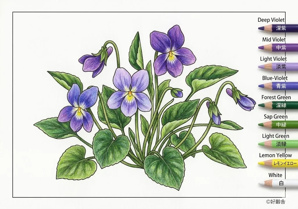 スミレの塗り絵 完成見本（彩的な見本）