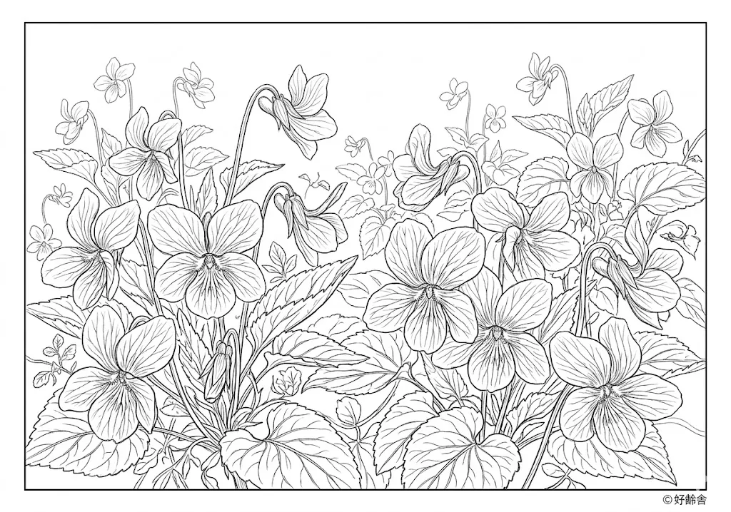 高齢者向け無料塗り絵：野に咲く小さなスミレのひっそりとした美しさ（芸術家・A4印刷用）