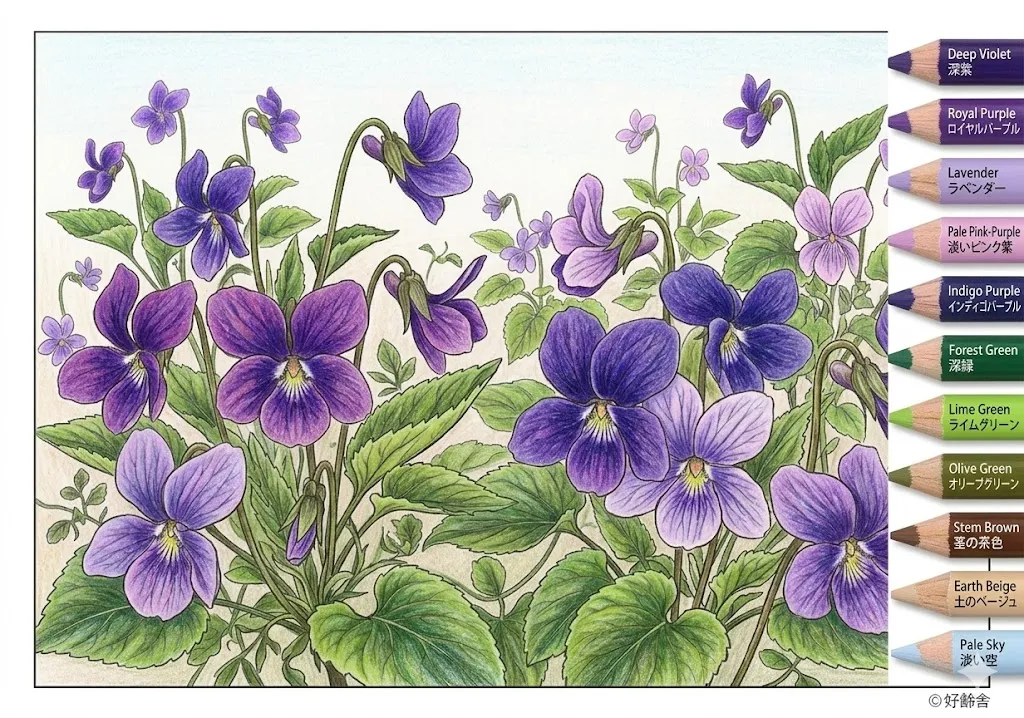 スミレの塗り絵 完成見本（彩的な見本）