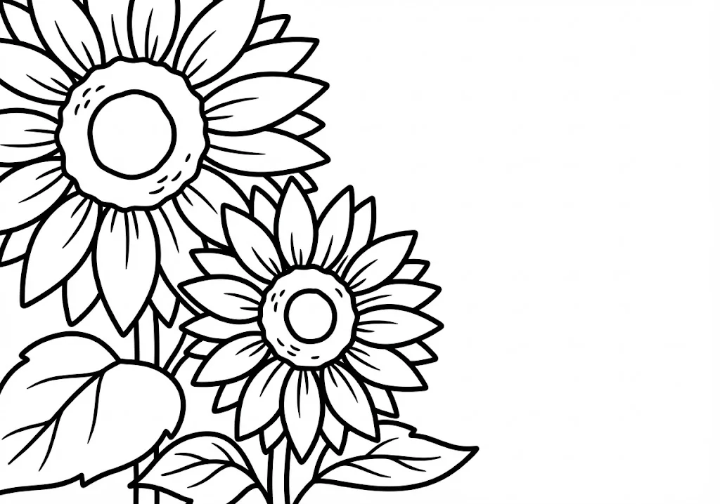 高齢者向け無料塗り絵：太陽に向かって元気に咲く夏を代表するひまわり（初級・A4印刷用）